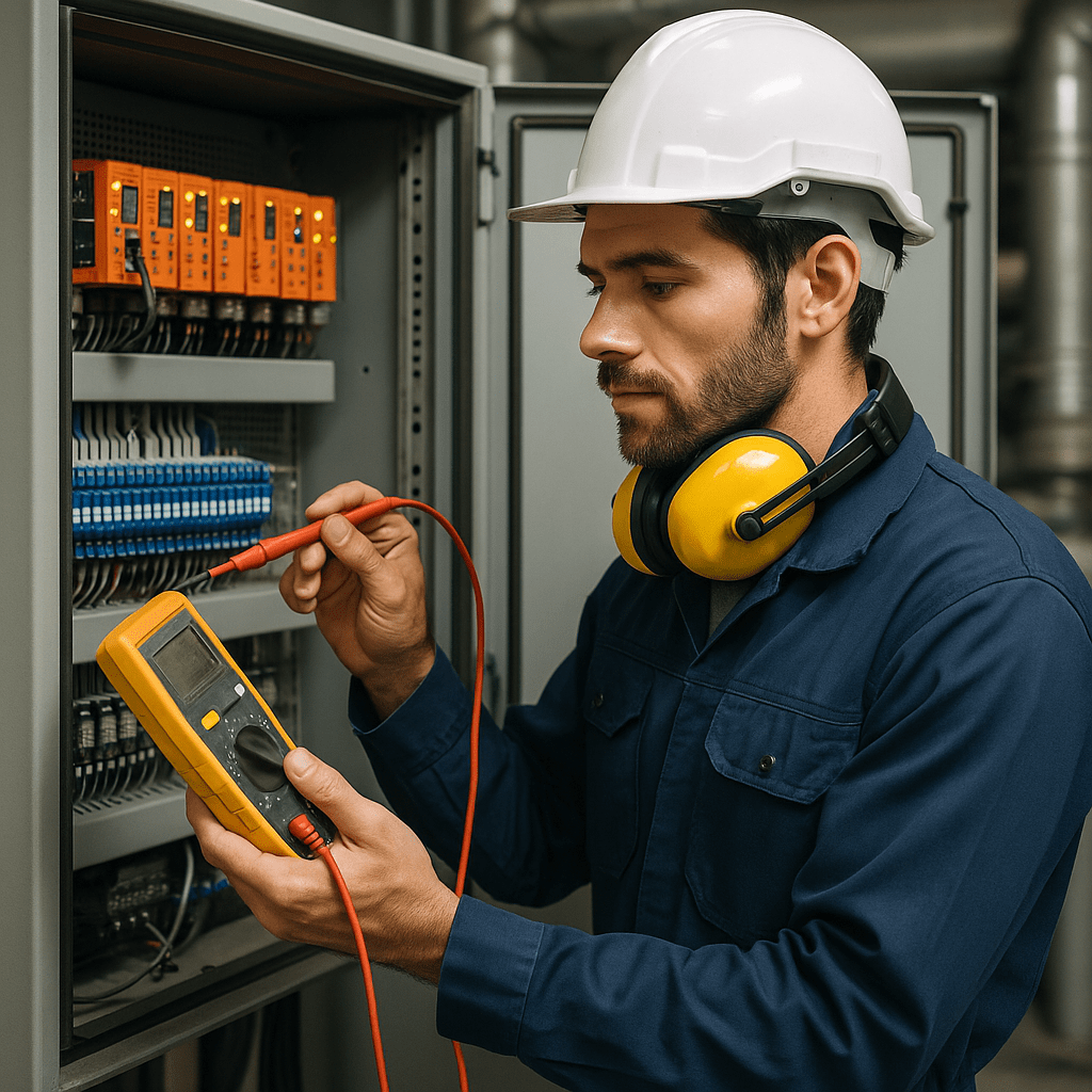 Technicien de maintenance réalisant une intervention en automatisme